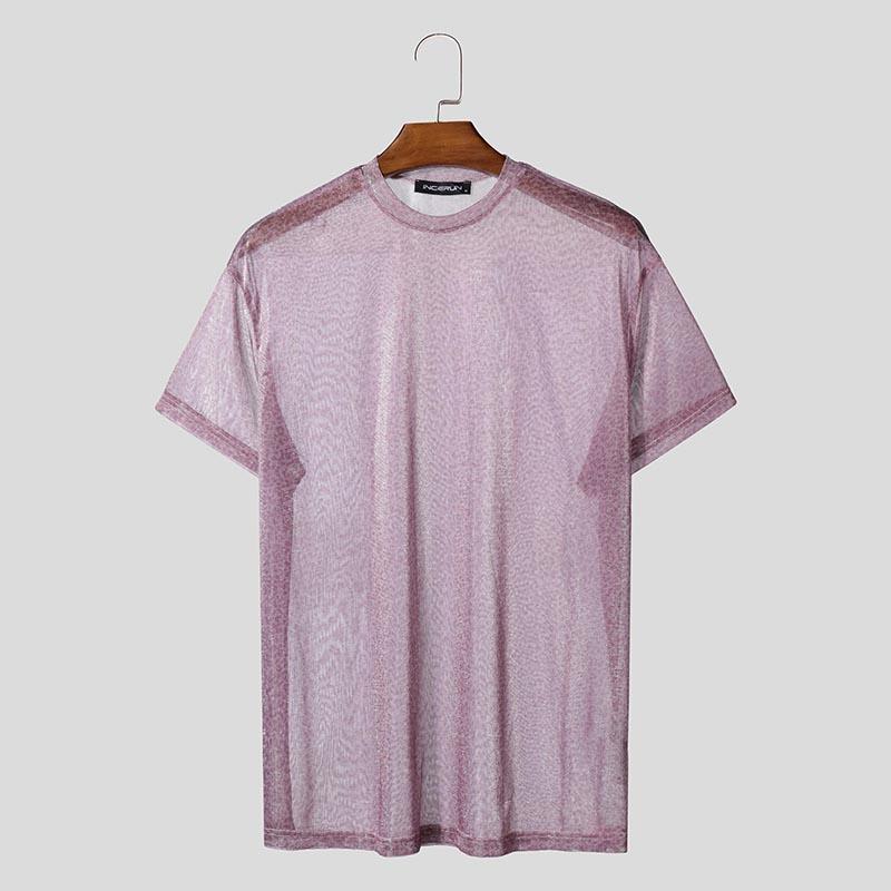 

INCERUN Летние мужские футболки с коротким рукавом из камуфляжной сетки с прозрачным принтом для пляжа M розовый