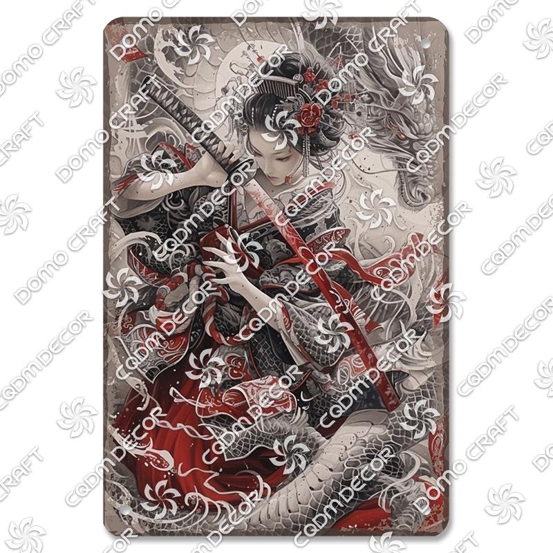 Retro Japanischer Stil Poster Metall Blechschilder Kimono Schönheiten Japanischer Samurai Vintage Metallplatte Wanddeko Club Bar Man Cave