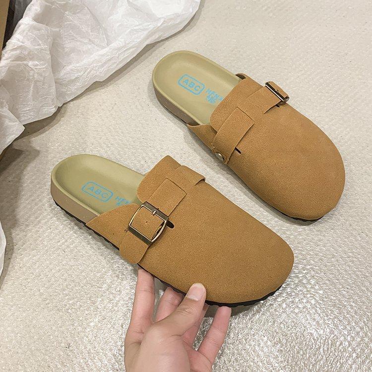 Taizhou large size one-pedal bag head half slippers 2025 new retro flat-bottomed slippers round head suede lazy slippers