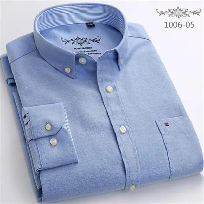 New S-7XLCotton Oxford Shirt For Mens Long Sleeve Plaid Striped Casual Shirts Male Pocket Regular-Fit Button-Down Work Man Shirt
