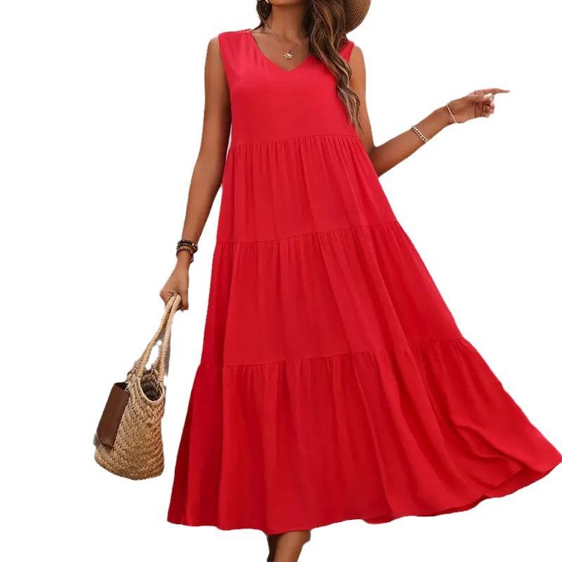Women's Elegant Holiday V-neck Tiered Patchwork Hem Loose Dress