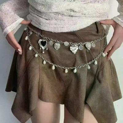 Double Layer Heart Pearl Waist Chain Vintage Silver Metal Belly Chain For Women Y2K Skirt Pants Accessory