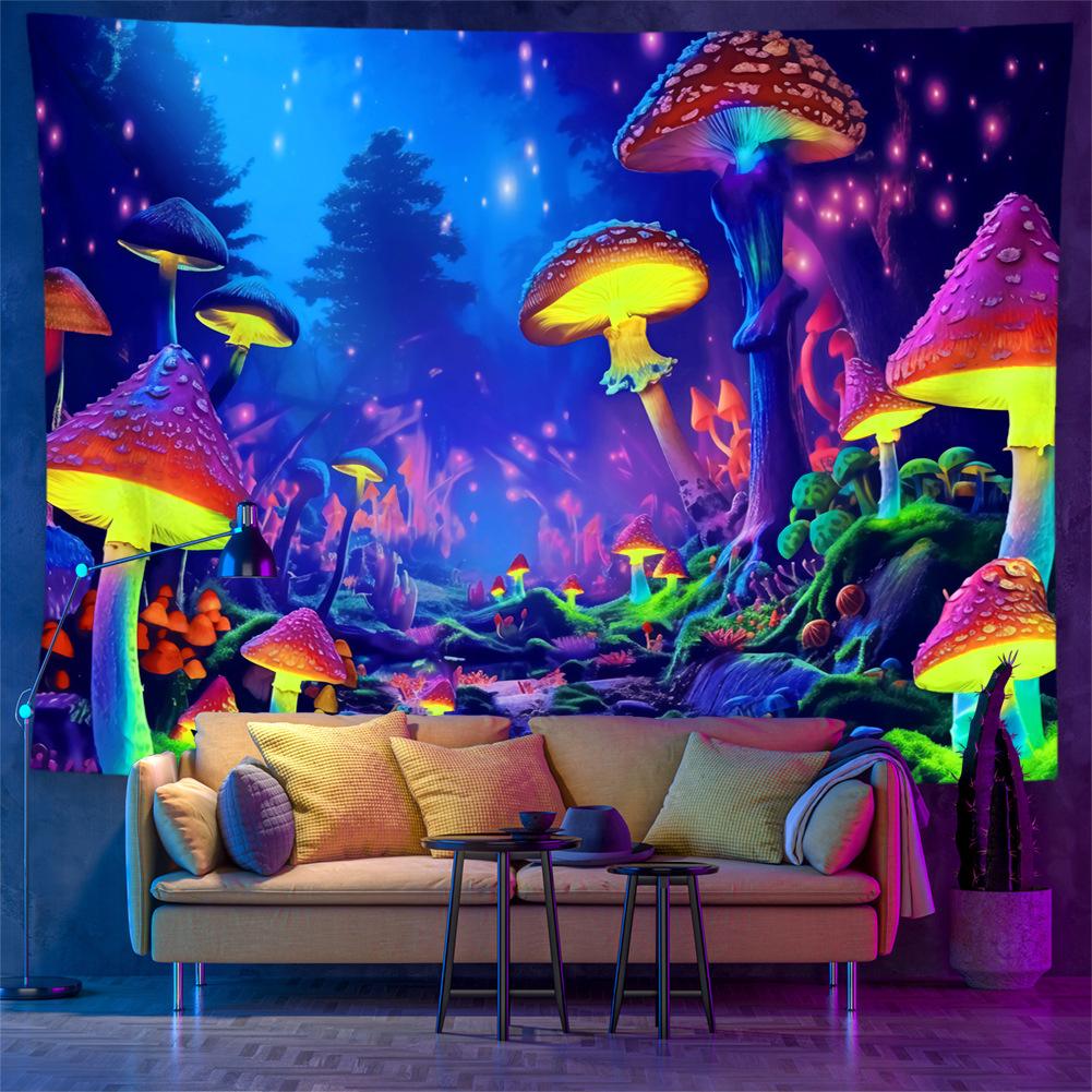 Neon-Riesenpilz-Wald-Wandteppich, Psychedelischer und Fantastischer Wald-Themen-Schlafzimmer-Hintergrundstoff, Dunkle Heimdekoration