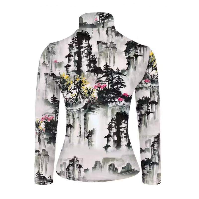 Ladies Shanshui Former Residence Long Sleeve Shirt - Half Turtle Collar T-Shirt Top, Slight Elasticity - Versatile Shirt for All Seasons