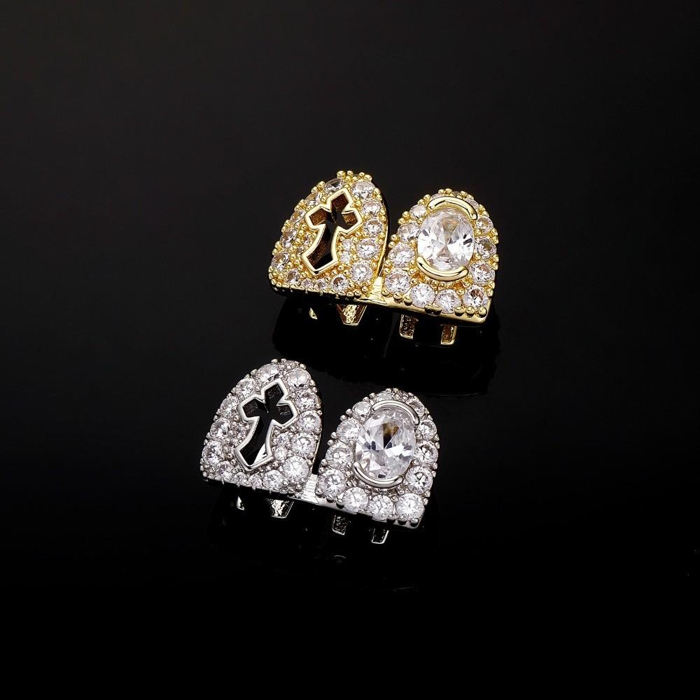 Double Teeth Hip Hop Copper Grillz Shiny Cross Grillz Exquisite Tooth Caps Role Play Performance