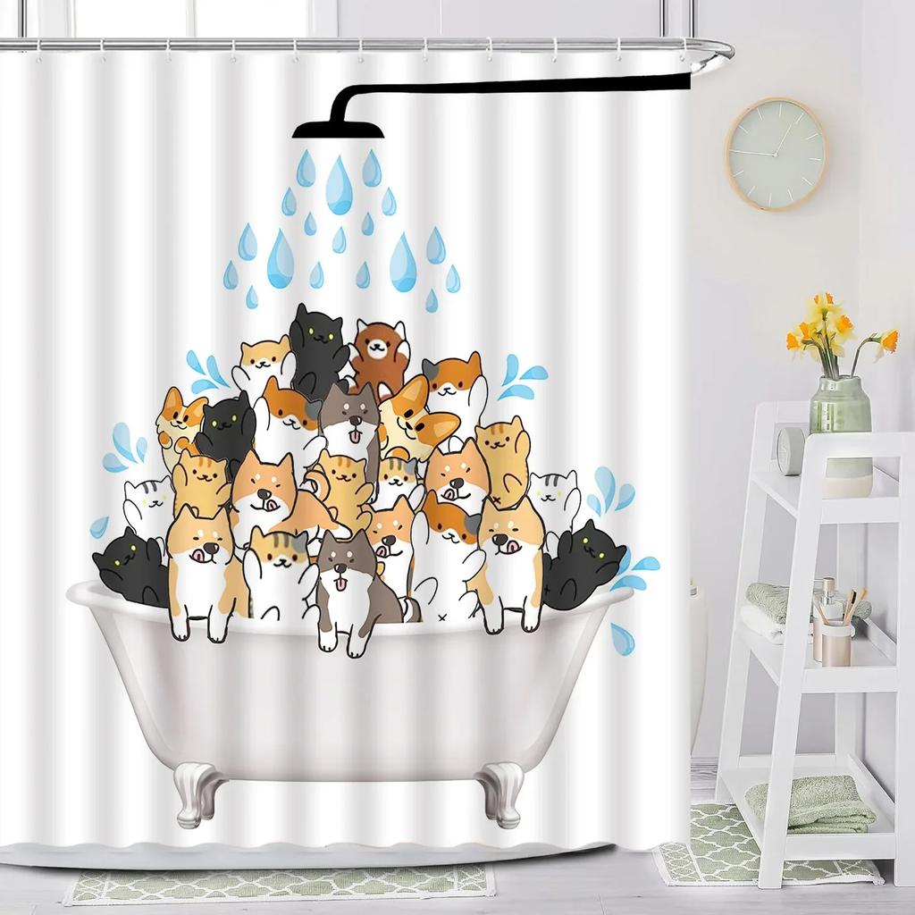 Cartoon Animal Shower Curtain with Funny Cat and Dog Paws Cute Kids Shower Print Family Bathroom Decoration with Hooks