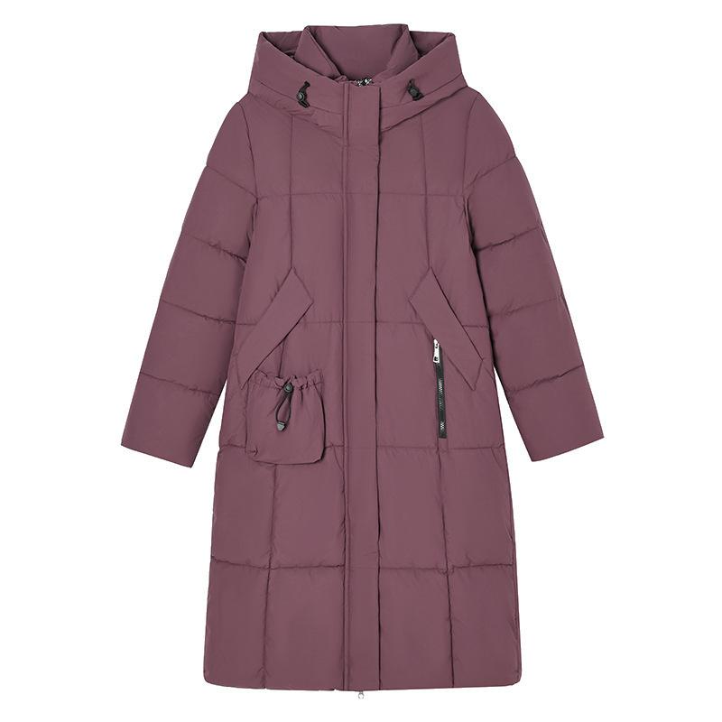 Women's Hooded Long Puffer Coat Drawstring Pockets Zip Up Quilted Solid Color Loose Fit Winter Warm Cotton Padded Jacket