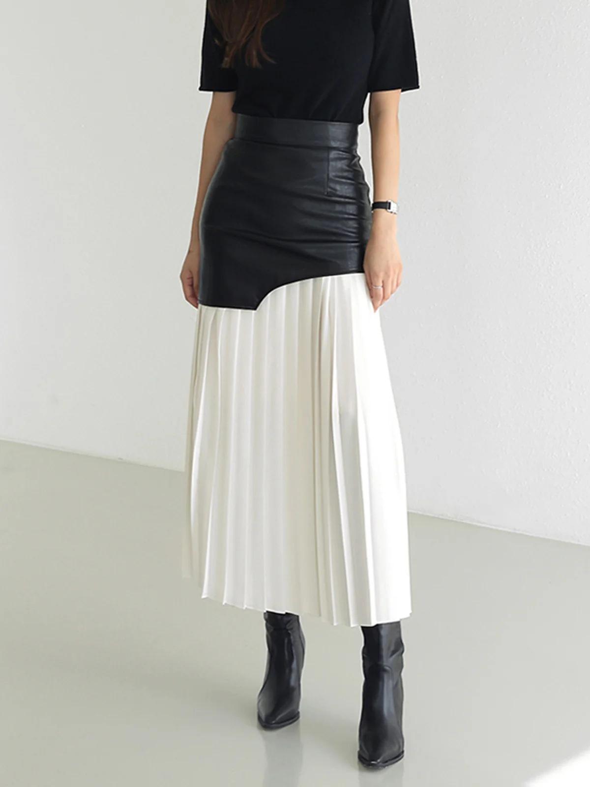 British elegant niche design 2024 autumn new high waist temperament fashionable splicing pleated contrasting skirt women S