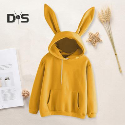 Women Fall Winter Hoodie Bunny Ear Decor Solid Color Loose Long Sleeve Elastic Cuff Drawstring Loose Hooded Soft Warm Casual Lady Hoodie Top