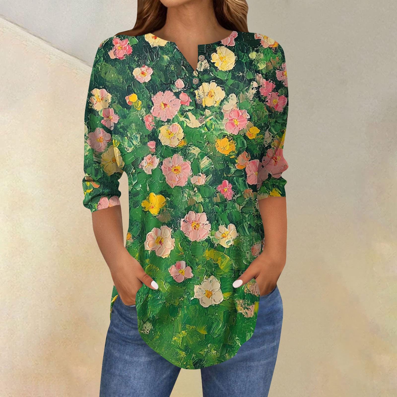 

Женская свободная футболка с воротником на пуговицах и винтажным цветочным принтом, рукав три четверти S зелёный