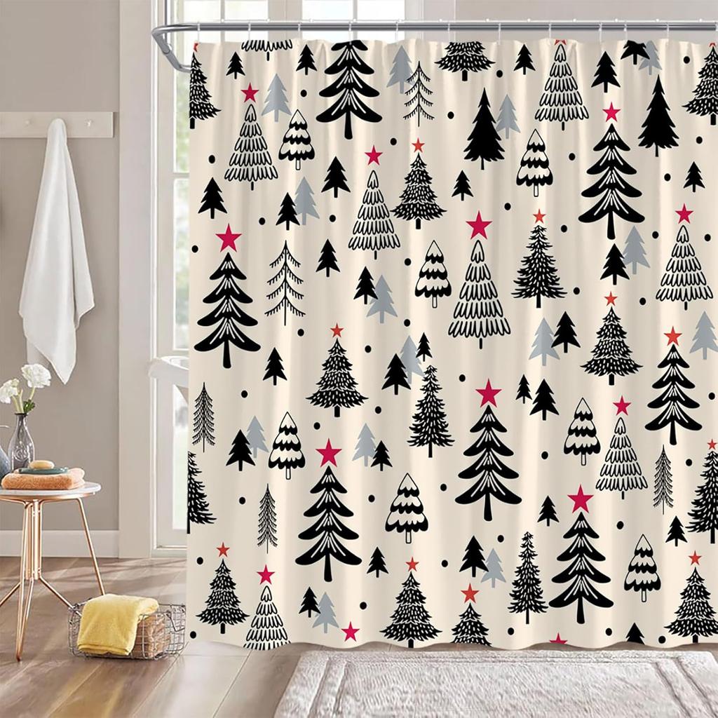 Christmas Tree Shower Curtain Blue Cute Xmas Tree Stars Cartoon Winter Holiday Merry Christmas New Year Bathroom Decor