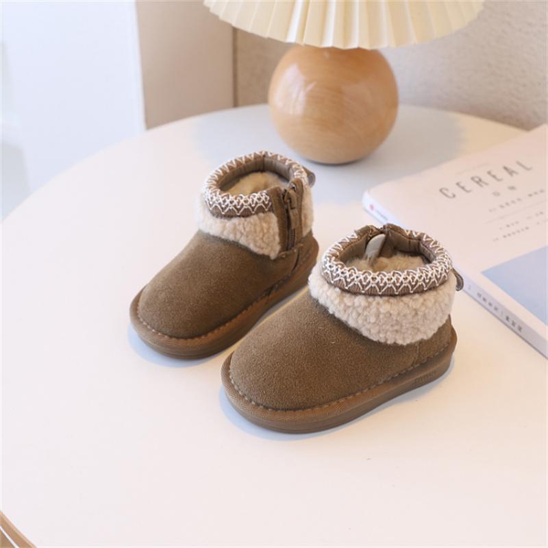 Winter Children Snow Boots Toddler Boys Girls Genuine Leather Warm Plush Zip Side Non-slip Shoes