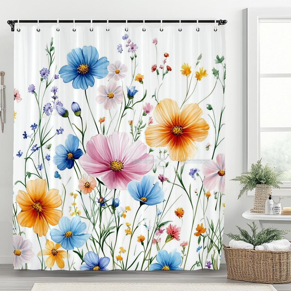 Floral Shower Curtain, Bathroom Watercolor Floral Shower Curtain, Modern Flowers Decorative Fabric Home Curtain With Hooks
