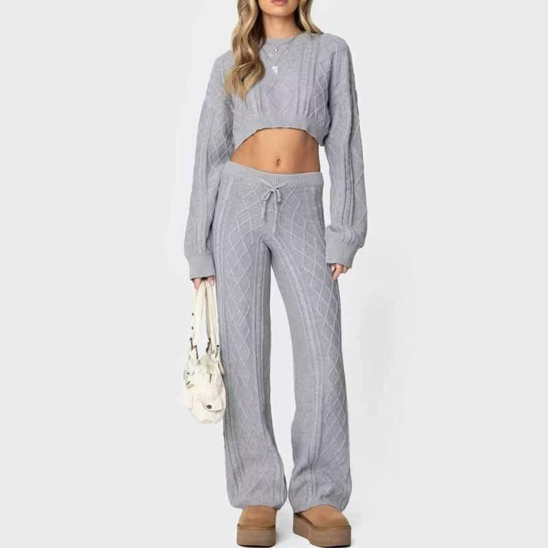 Fashion Wind Loose Knitting Crop Top Top and Trousers Suit Knitted Crop Top and Pants Set