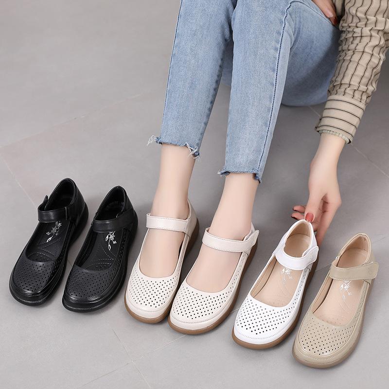 Fashion GKTINOO Genuine Leather Flats Mary Jane Women's Shoes Summer Soft Sole Hollow Mother's Shoes Anti-slip Sandals Large Size 43
