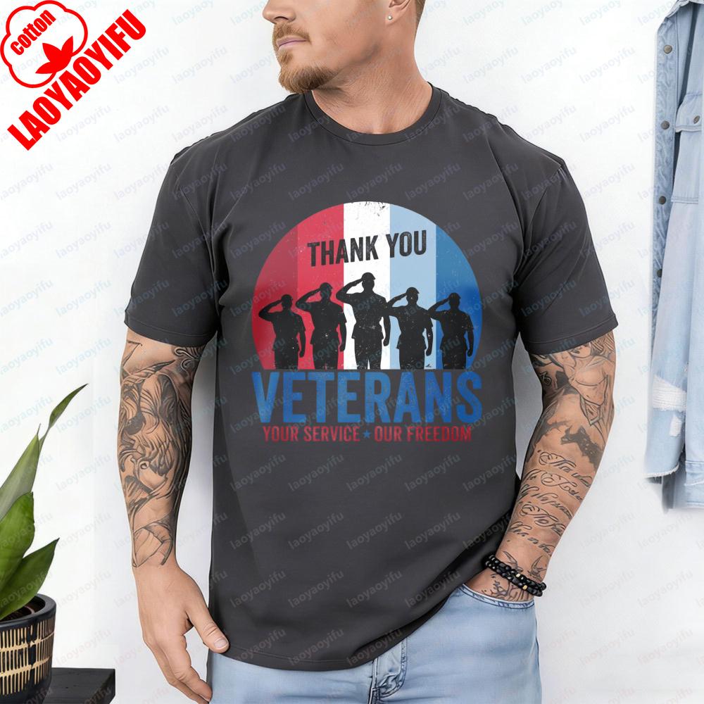 Thank You Veterans TShirt Salute Soldier Silhouette Patriotic Casual Cotton Tee Retro Veterans Day Tops Classic Mens Clothing