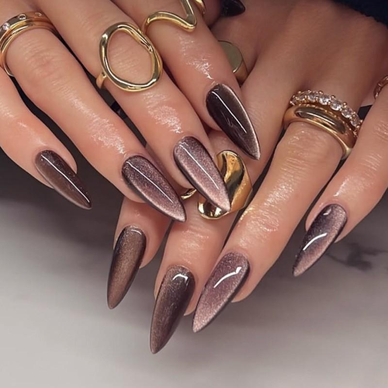 Brown Solid Color Cat Eye Burst Flash Wearing Nail Plate Medium Long Almond Shaped Art Fake