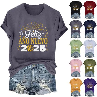Women's Long Sleeve Round Neck T-Shirts 2025 New Year Print Puff Sleeve Shirts Button Blouses Tops