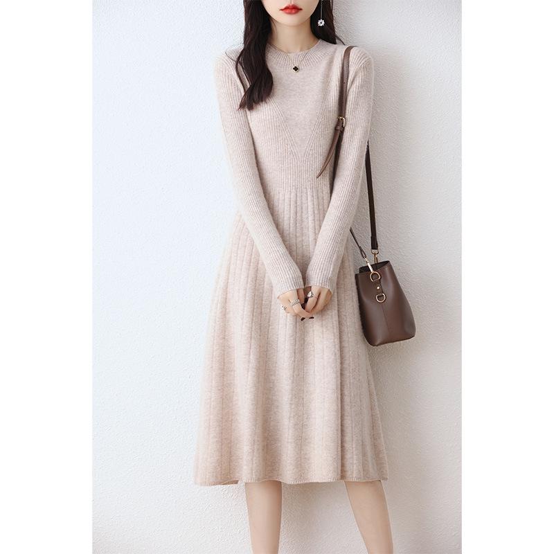 Women's Wool Round Neck Long Sweater Dress - Autumn/Winter Slim Knit Versatile Outerwear
