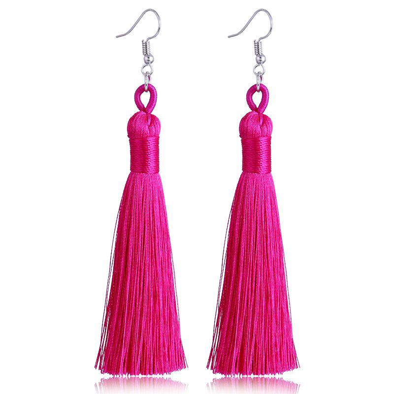 Women Tassel Earrings Bohemian Cotton Thread Cords Brush Drop Dangle Earrings Handmade Silk Fabric Long Hanging Earrings Zircon