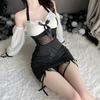 Sexy Female Secretary Chest Wrapping Drawstring Perspective Gauze Black White Splicing Puff Sleeve Bag Buttocks Dress Elegant NT