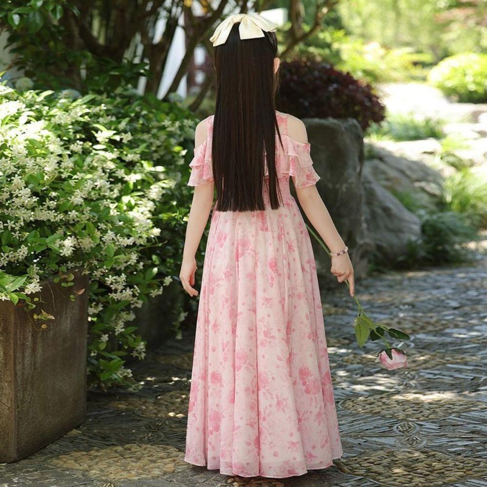 Pleated Girls Chiffon Floral Dress Loose Children Princess Dress Summer Kids Dresses  Holiday