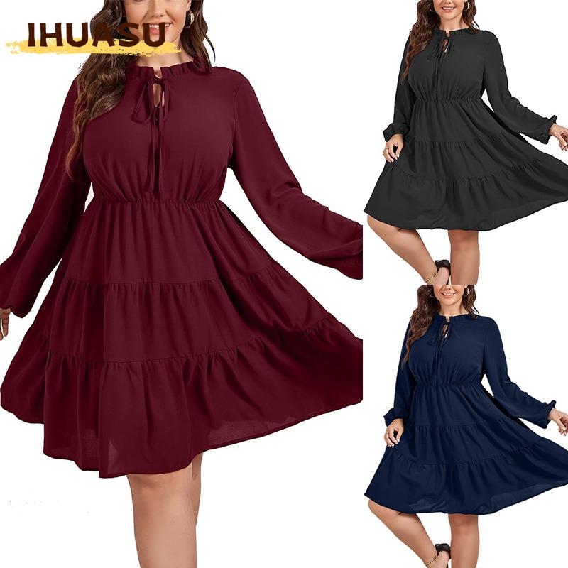 IHUASU Fashion Autumn Winter Solid Color Print Long Sleeve Casual Dresses