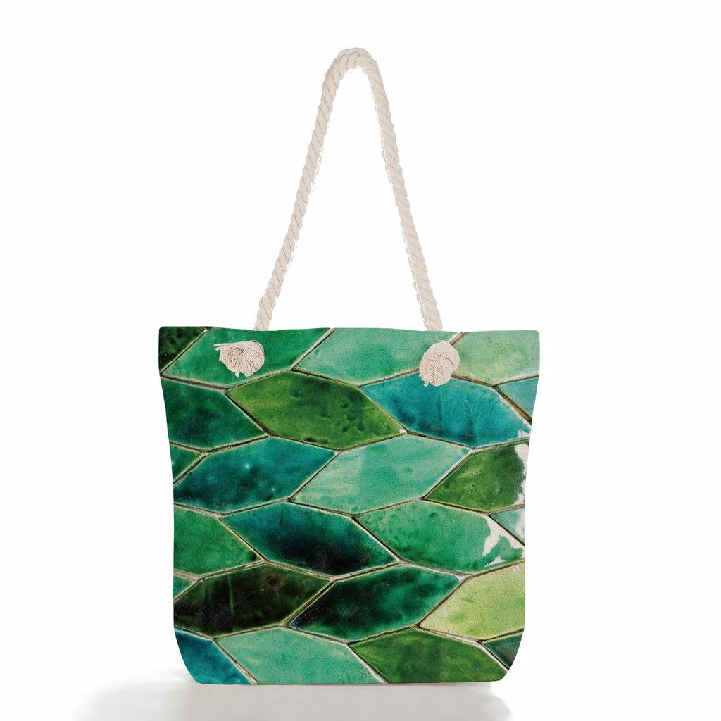 Multifunctional Geometric Shapes Printed Thick Rope Shoulder Beach Bag Casual Large Capacity Handbag 7591