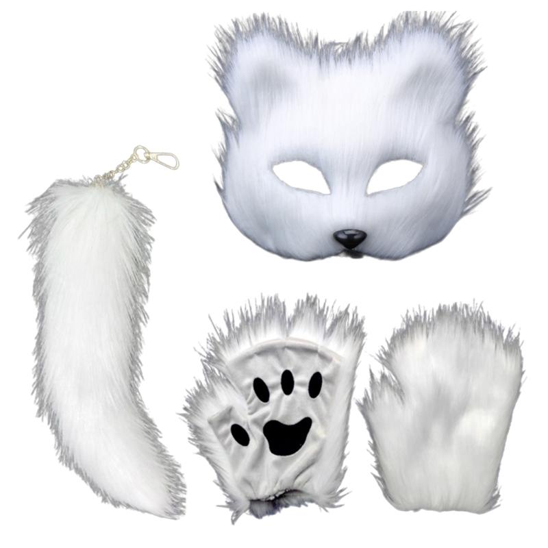 Animal Face Cover Foxes Tail Furry Gloves Plush Animal Tail Foxes Face Cover Paws Gloves for Halloween Cosplay Parties