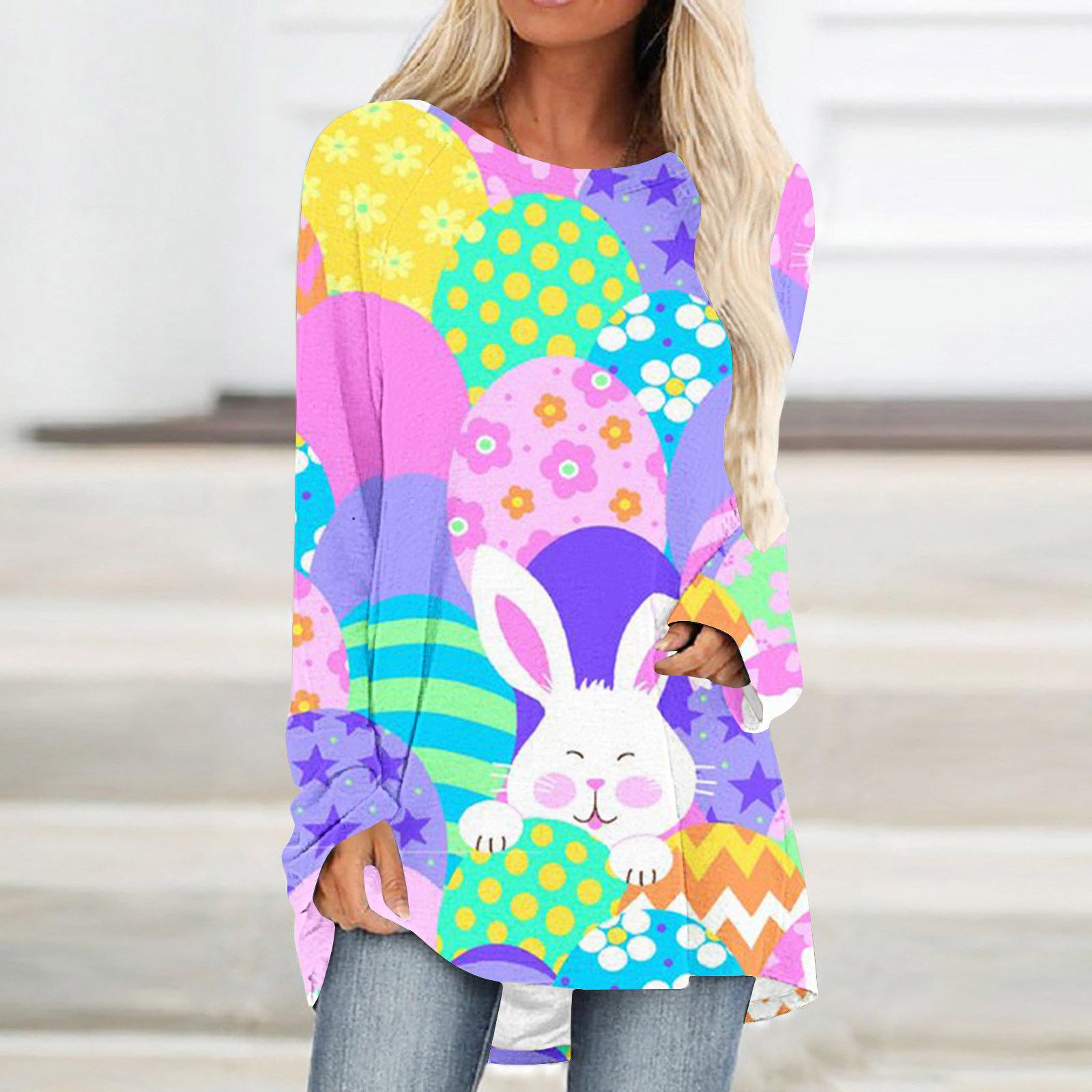 

Round Neck 3D Rabbit Festival Printed Top Fashionable Casual Long Sleeved Women s T-shirts S