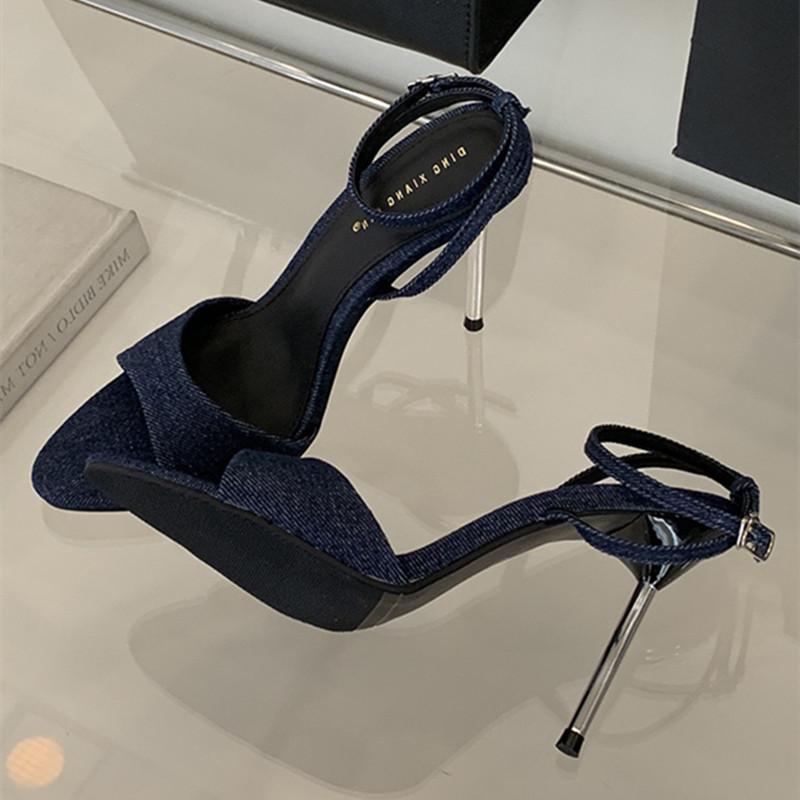 Denim Blau Dünne High Heels Sandalen Damen Sexy Peep Toe Knöchelriemen Schnalle Hohe Absätze Sommer Elegante Pumps Komfort Lässig Sandalen
