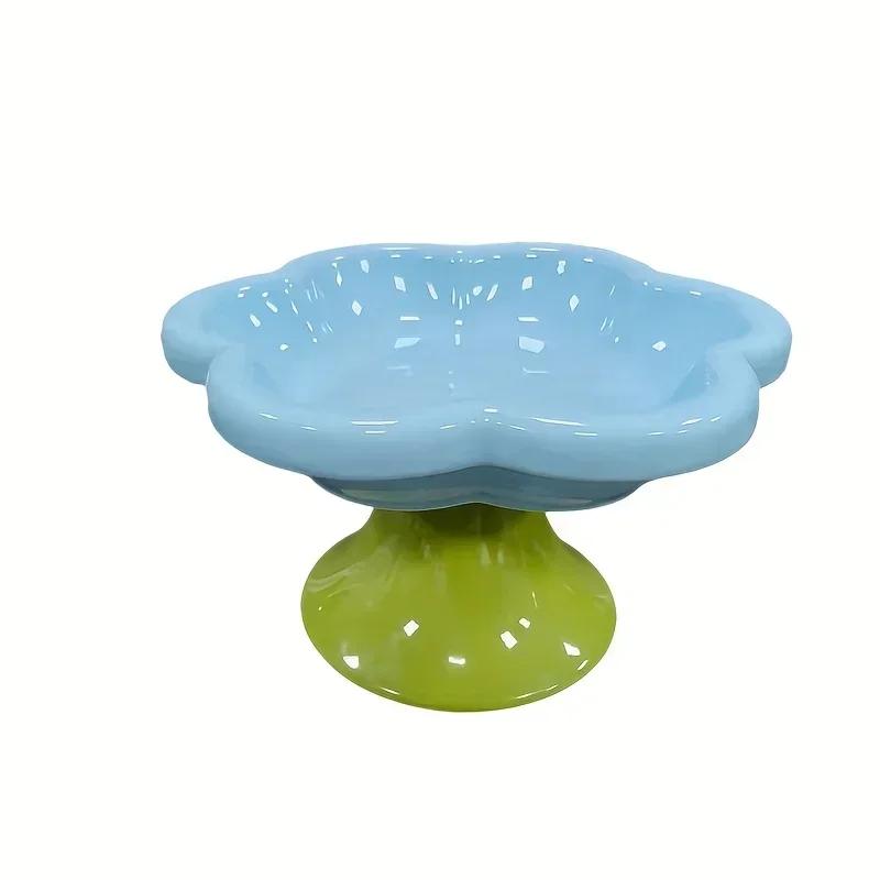 Elevated Ceramic Cat Bowl Flower Design Food Bowl High Foot Water Plate Snack Dish with Stand for Neck Protection Drinking Water