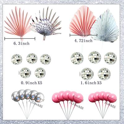 Bolas de Espelho Rosa Prata Decoração de Bolo Folhas de Palmeira Decoração de Bolo Estrelas Decoração de Bolo Suprimentos para Festa de Despedida de Solteira Disco Anos 70