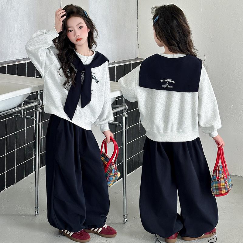 Girls' Spring & Autumn Sailor Collar Sweatshirt and Cargo Pants Set - 2025 Collection