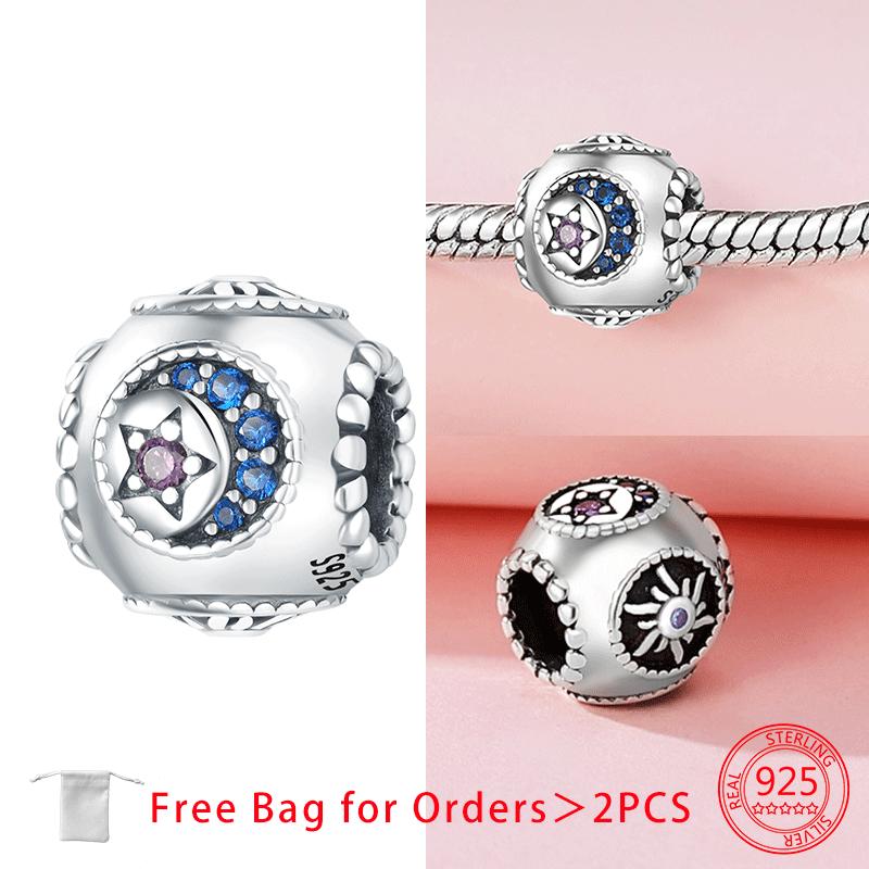 Copper Blue Zircon Heart Love Starry Sky Moon Stars Charms Beads Fit Diy Bracelet Women Jewelry Delicate Fine Gift