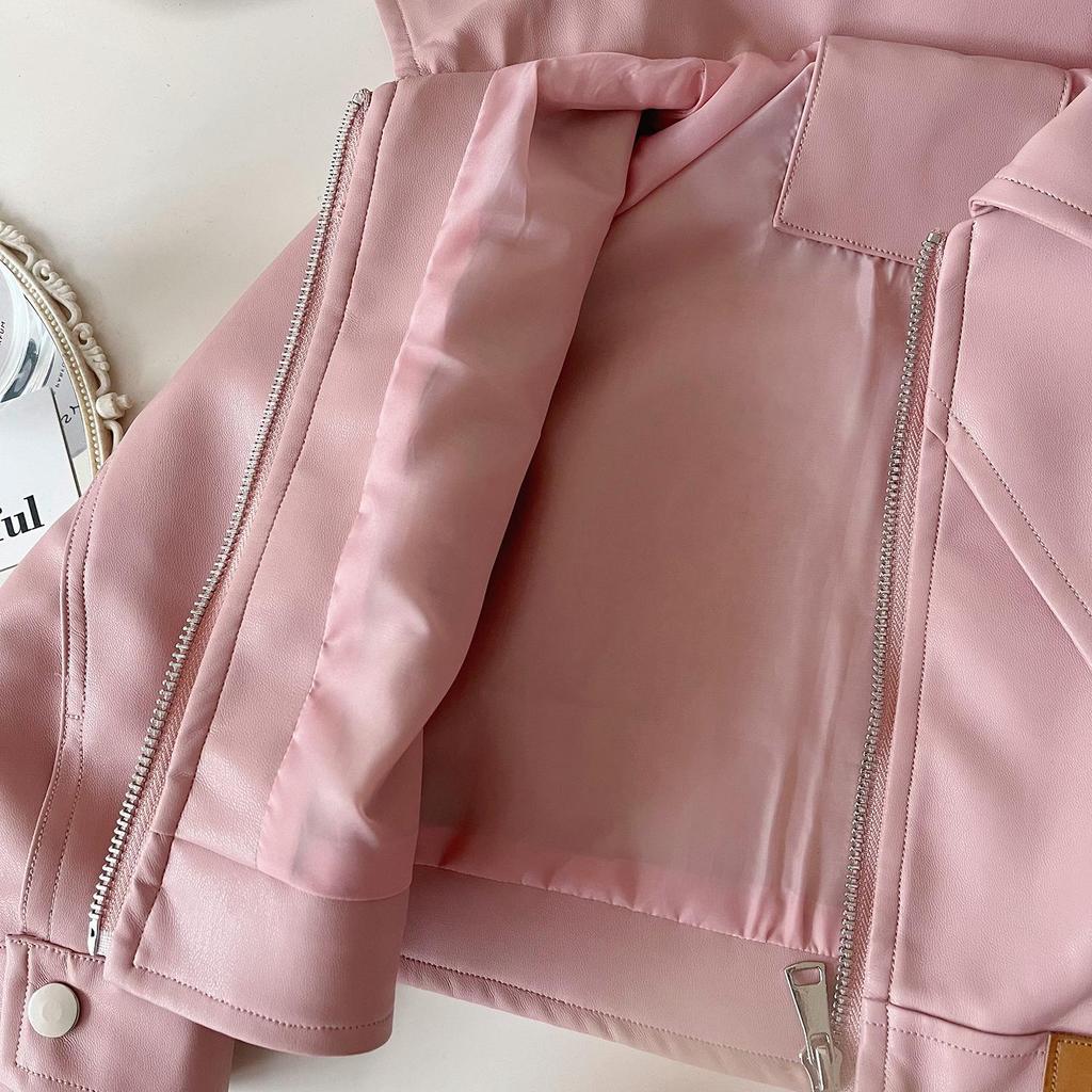 Girls' Autumn PU Leather Biker Outfit: Korean-Style Jacket & Pleated Skirt Set