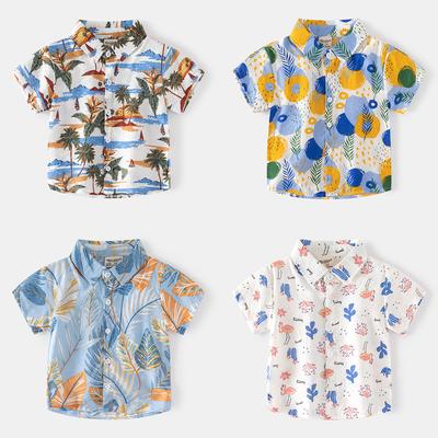 2026 Summer New Seaside Vacation Style Boys Short Sleeves, Trend Lapel Children's Fashion Pattern Shirt
