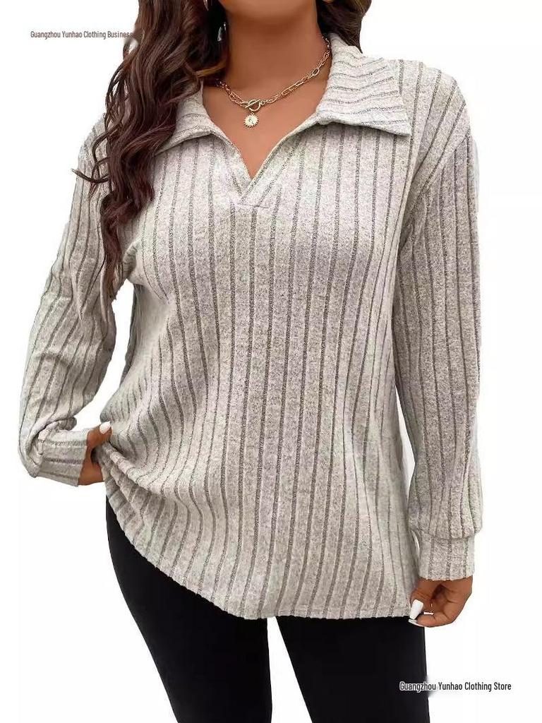 2026 Autumn/Winter Plus Size Women's V-Neck Long Sleeve Ribbed Brushed Loose Top