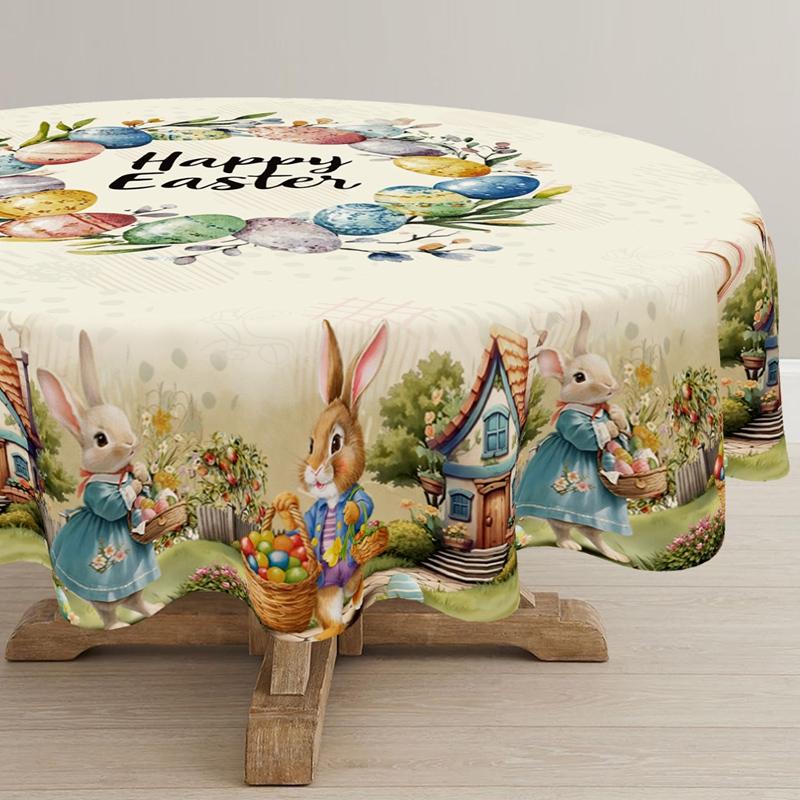 Vintage Easter Bunny Tablecloth Rabbit Eggs Table Cover Easter Decorations for Home Kitchen Spring Holiday Garden Tablecloth