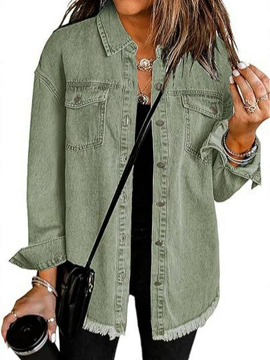 Women's Oversized Distressed Denim Jacket - Casual Long Sleeve Shirt for Spring 2025