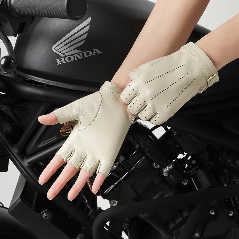 Women's Perforated Genuine Leather Half-Finger Gloves for Spring/Autumn Cycling and Motorcycling.