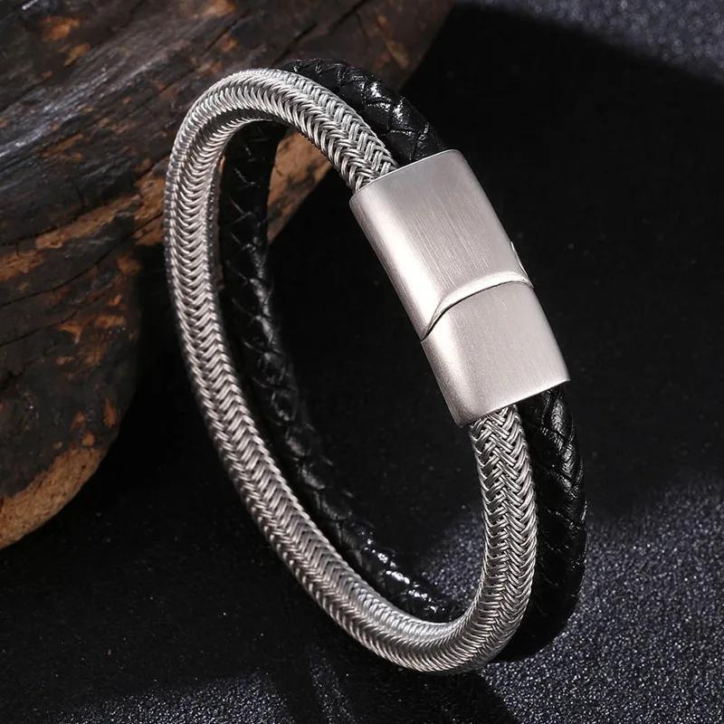 Classic Style Leather With Stainless Steel Stitching Combination Men's Bracelet Steel Buckle Party Accessories Gift
