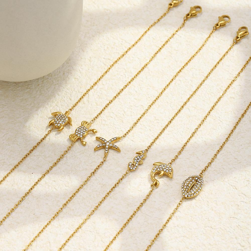 Stainless Steel Sea Turtle Starfish Seahorse Pendant Gold Color Chain Bracelet for Women Luxury Rhinestone Summer Ocean Jewelry