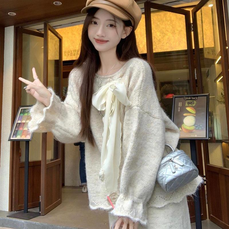 Autumn Fashion Two-Piece: Bowknot Knit Sweater & High Waist A-line Skirt