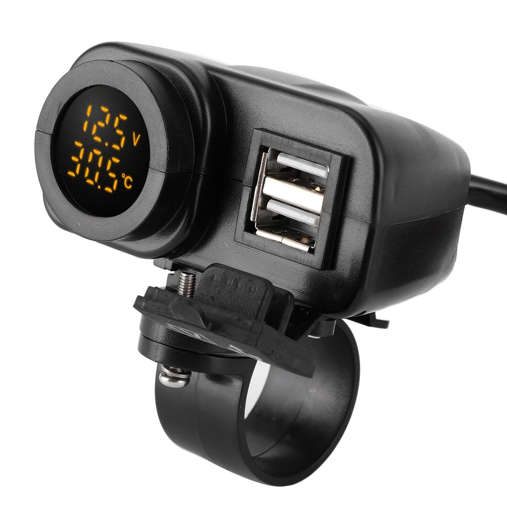 Motorcycle Dual USB Voltmeter Charger MultiFunction Temperature Meter with Waterproof Cover