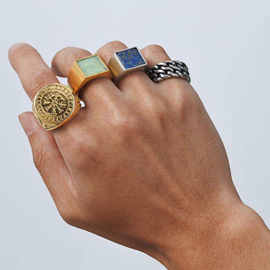 Cool Punk Vintage Natural Stone Rings for Men, Geometric Stainless Steel Signet Rings, Stylish Retro Ethnic Finger Jewelry Gift