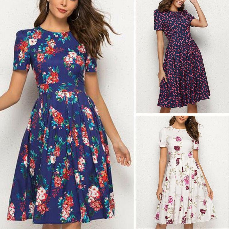 Summer Women Vintage A-line Dress Tunic With Long And Short Sleeve Floral Print