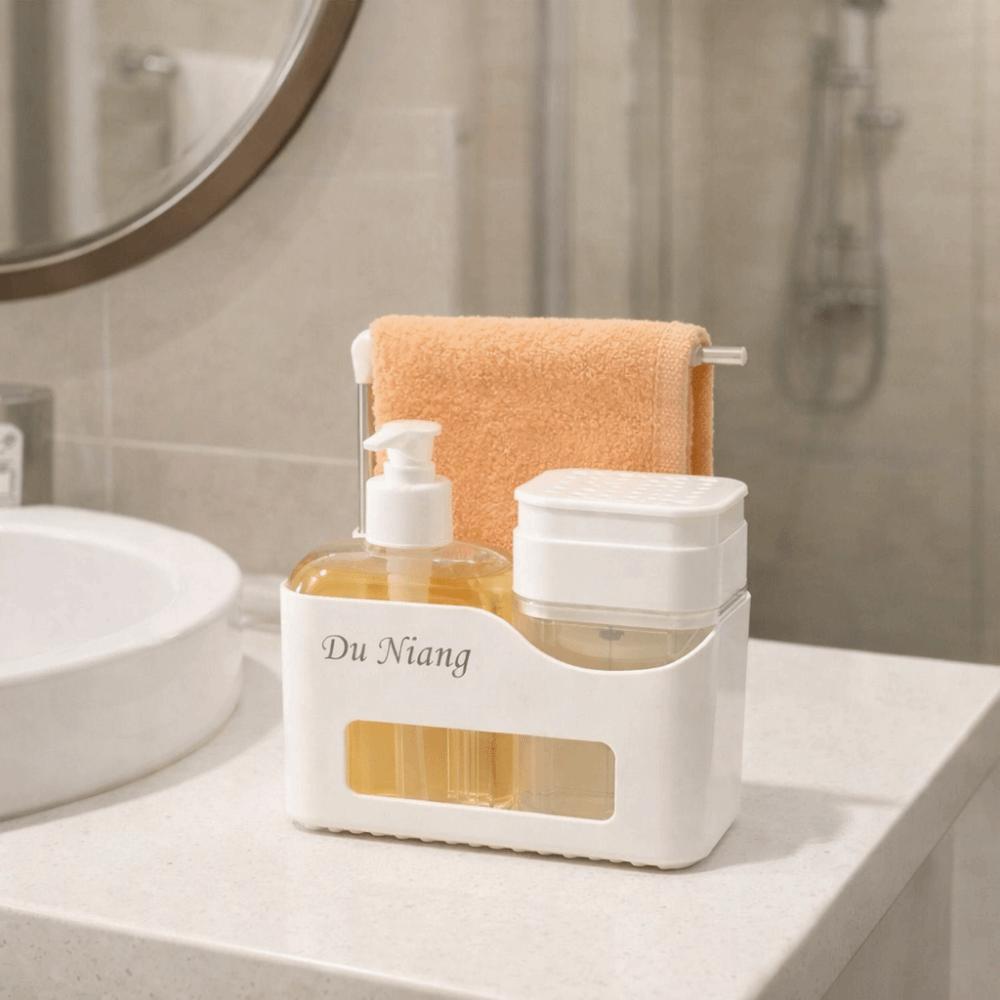 4-in-1 Hand- und Spülseifenspender-Set Nachfüllbar mit Schwammhalter Drückseifenspender Lappenhalter Plastik-Shampooflasche