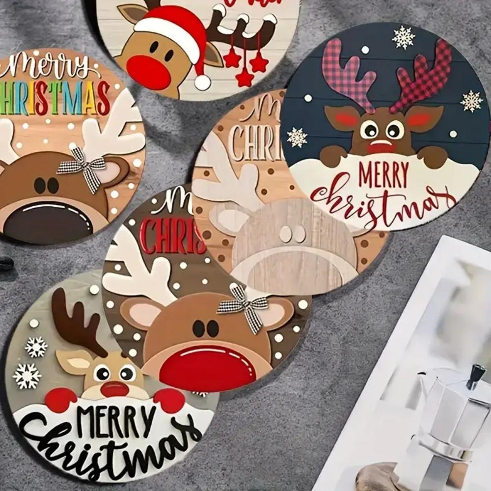 A Charming 6-piece Set of Wooden Christmas Coasters, Suitable for Round Design, Heat-resistant and Anti-slip - Ideal for Home De