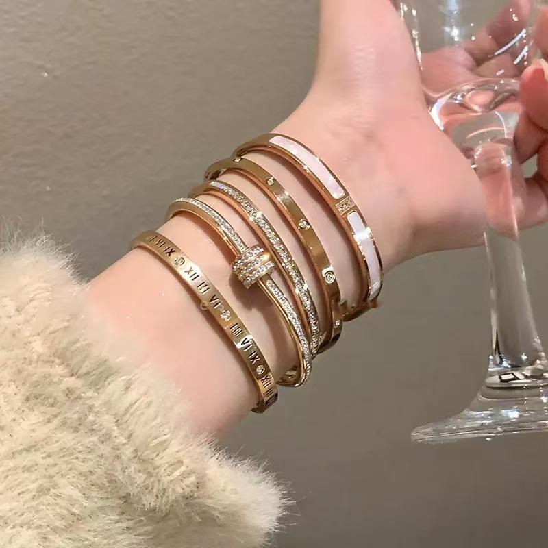 Luxurious Rose Gold Titanium Steel Bracelet with Starry Diamond Inlays & Colorfast Mother of Pearl for Women